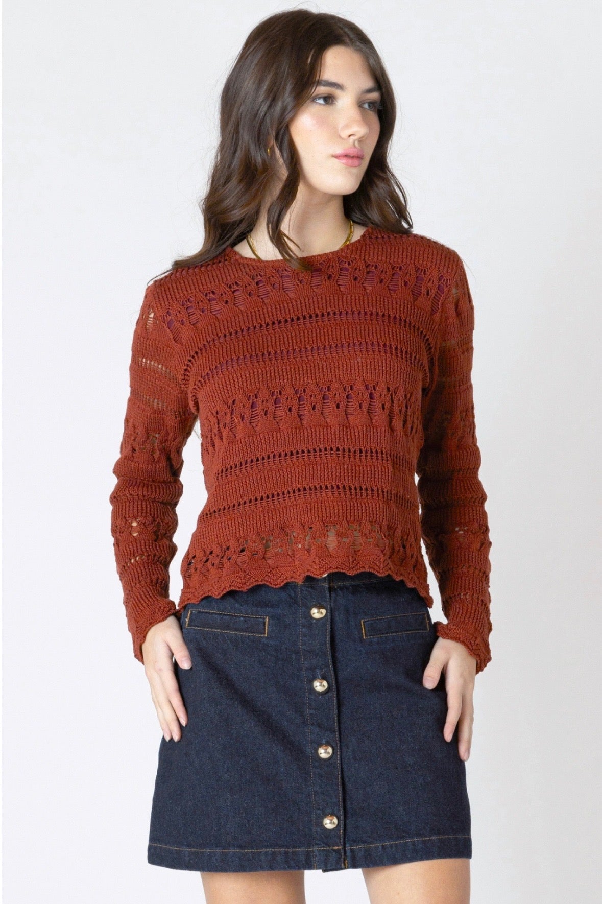 Dex Burnt Orange Crochet Sweater