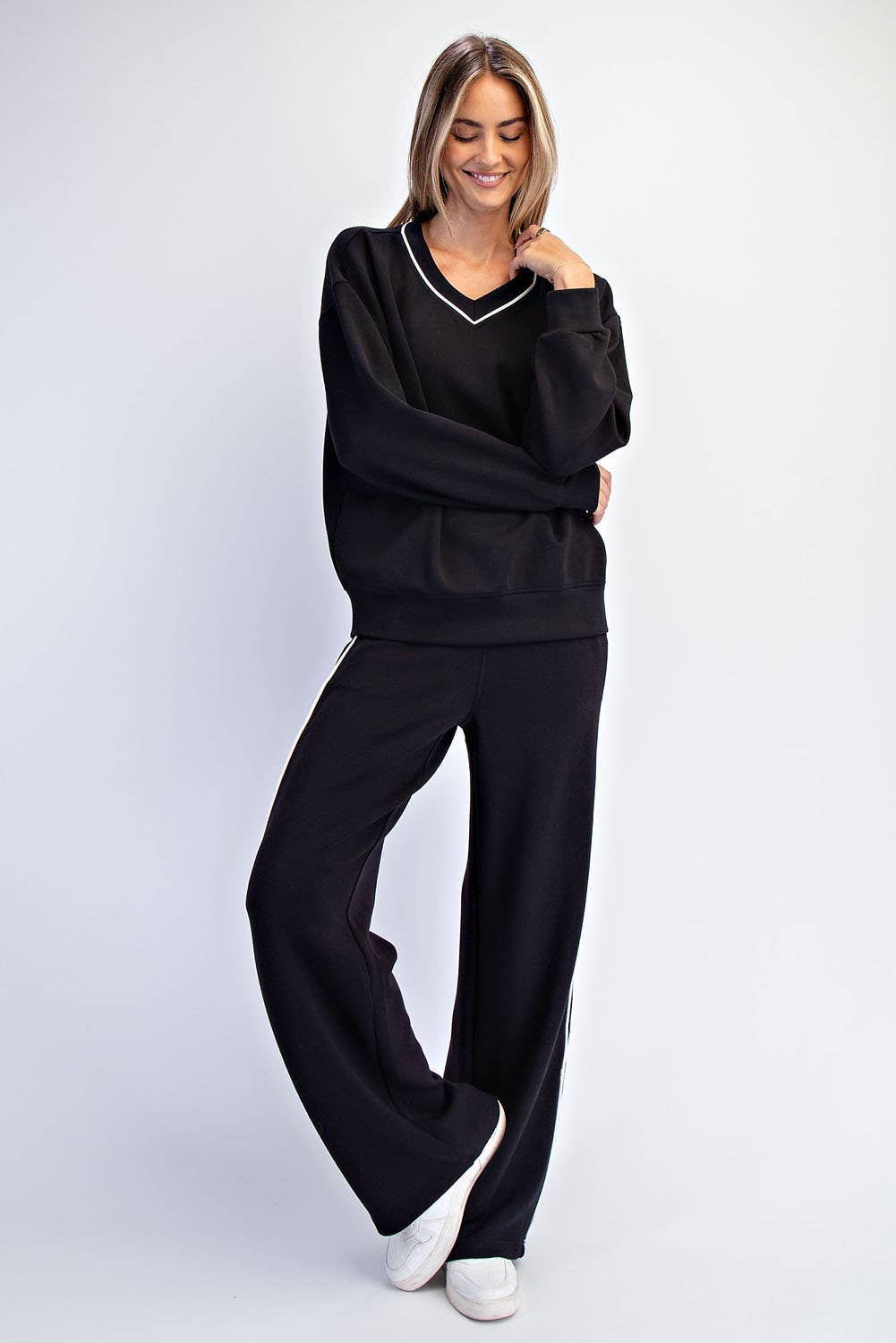 Black SCUBA V NECK PIPING TOP