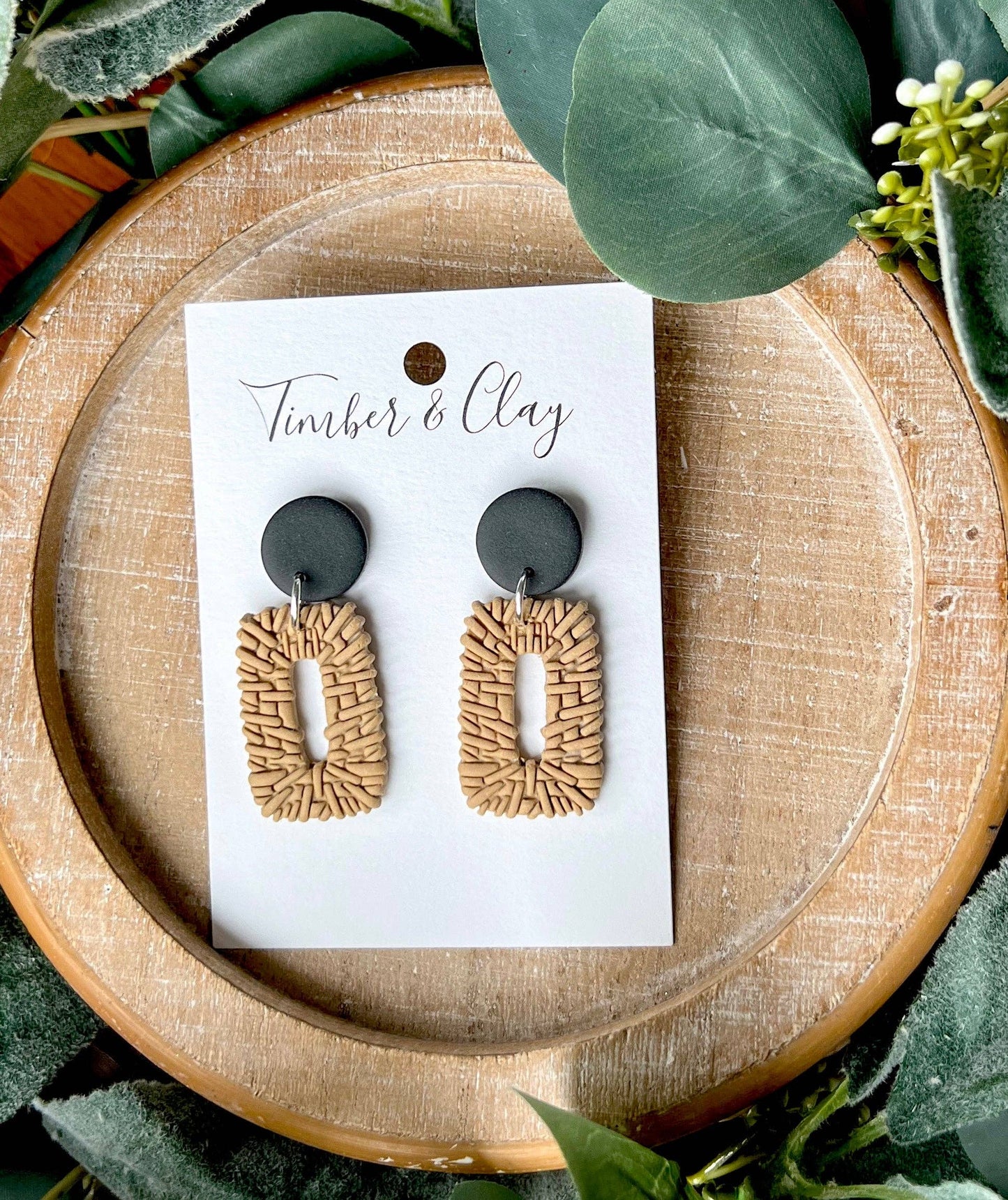 Tan and Black Rectangle Rattan Dangles