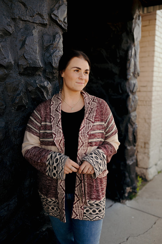Elan Maroon Print Cardigan
