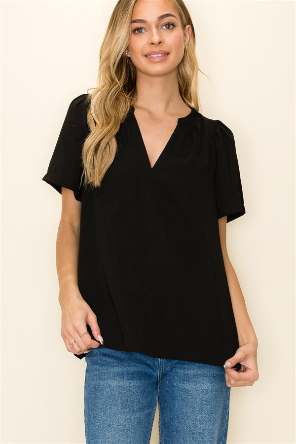 Black Split VNeck Short Sleeve Top