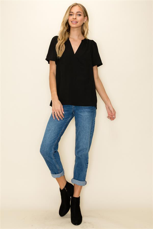 Black Split VNeck Short Sleeve Top