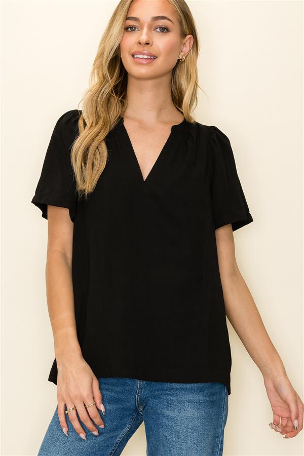 Black Split VNeck Short Sleeve Top