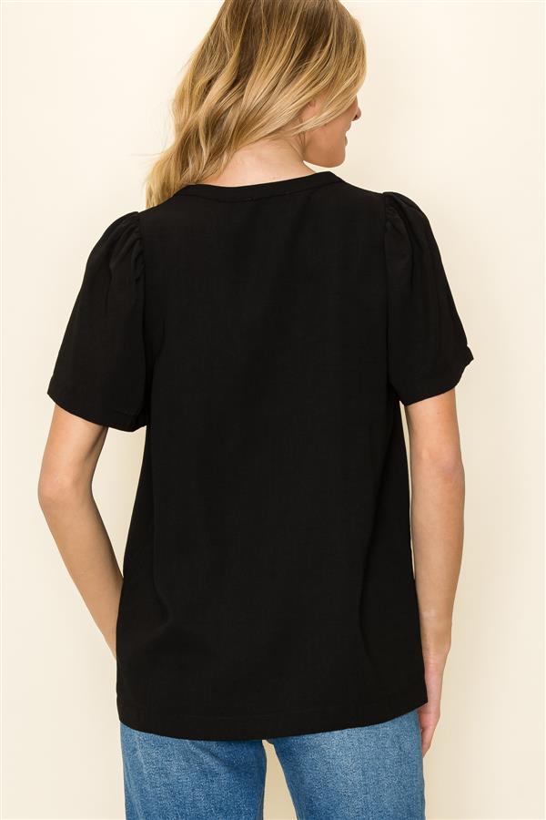 Black Split VNeck Short Sleeve Top