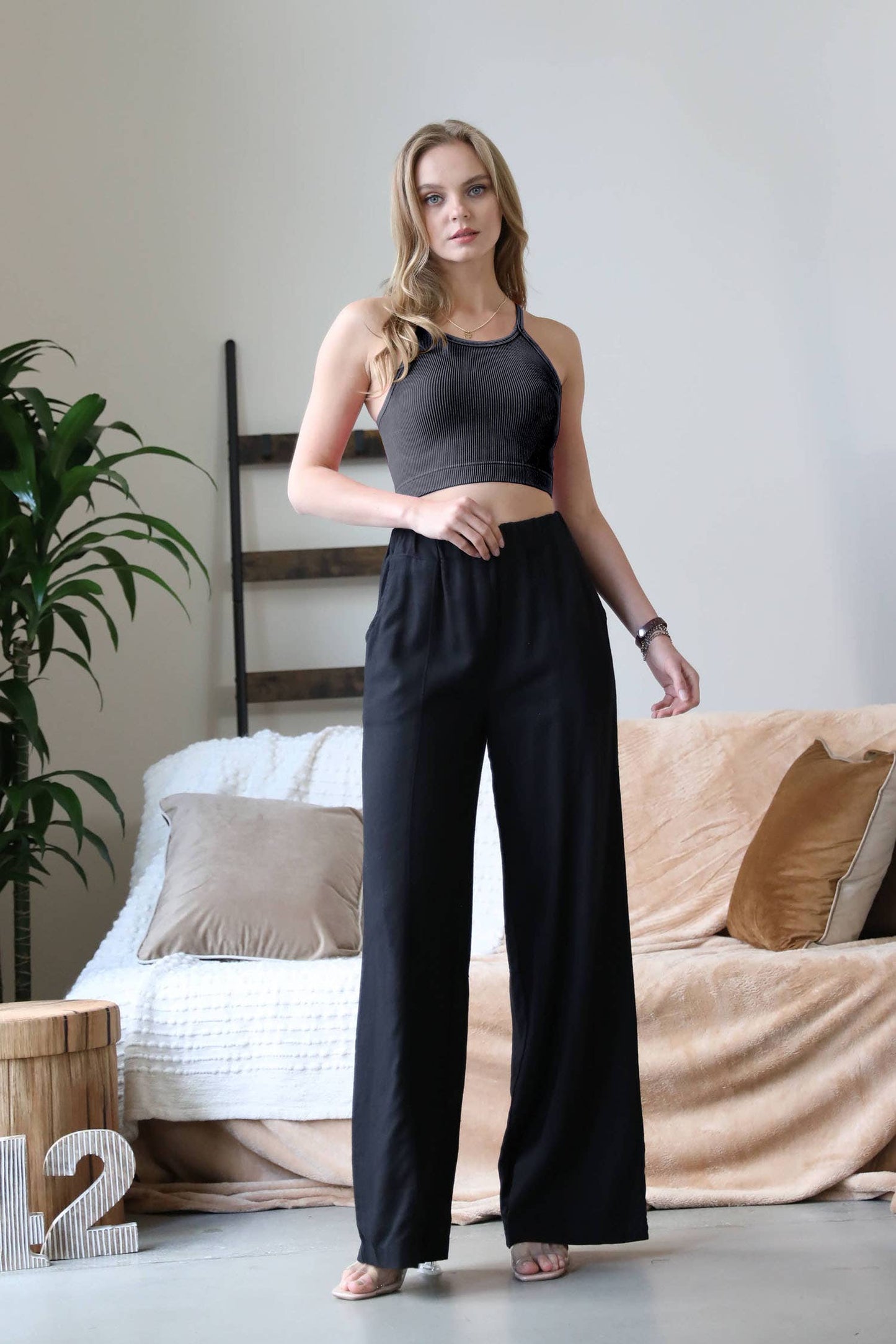 Washed Ribbed Seamless Cropped Cami Top - Blueish/Black