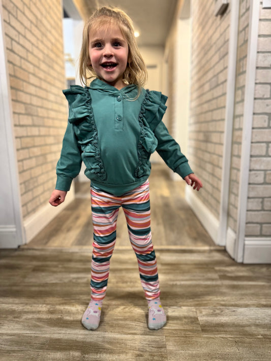 Kids Sage Double Ruffle Button Hoodie & Stripe Leggings Set