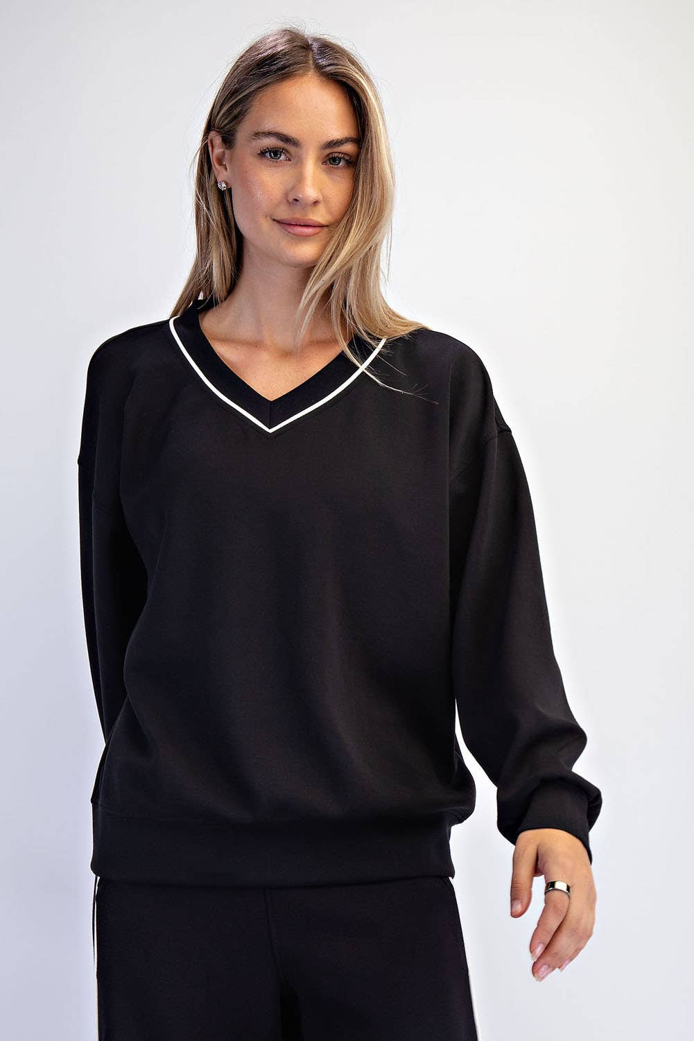 Black SCUBA V NECK PIPING TOP