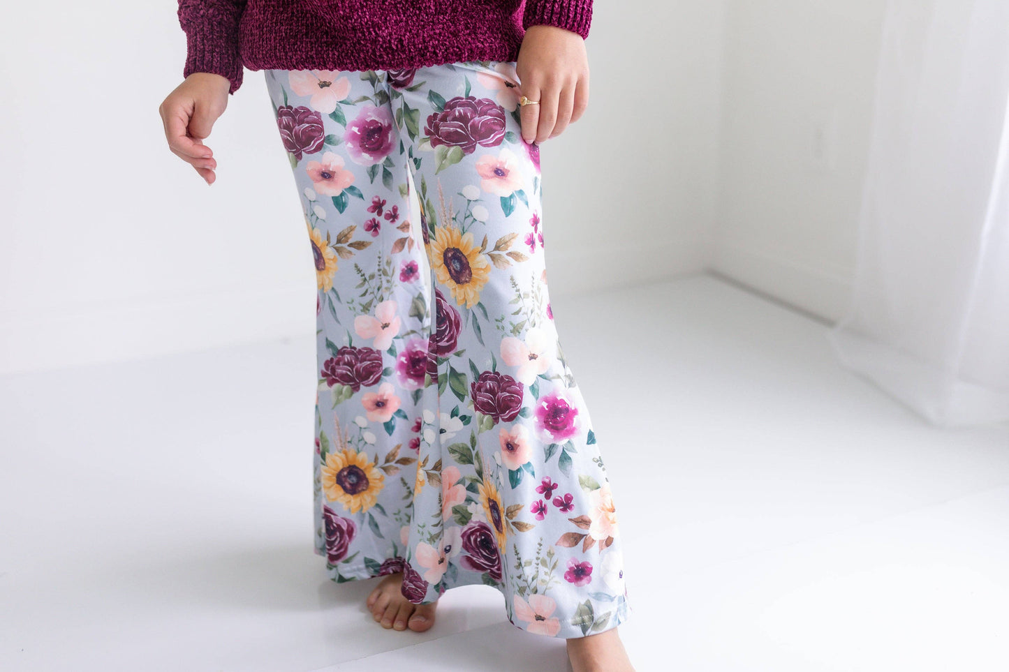 Kids Long Sleeve Plum Sweater & Sage Floral Bell Bottom Set
