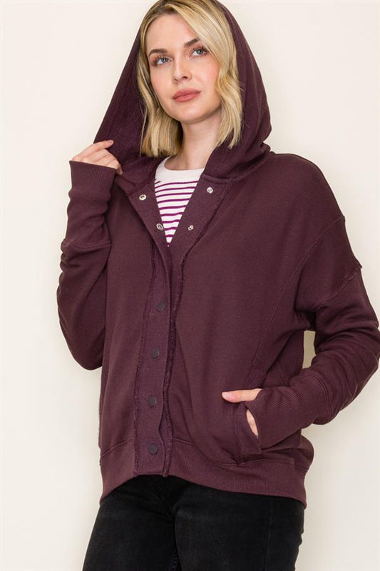 plum snap cardigan with a hood