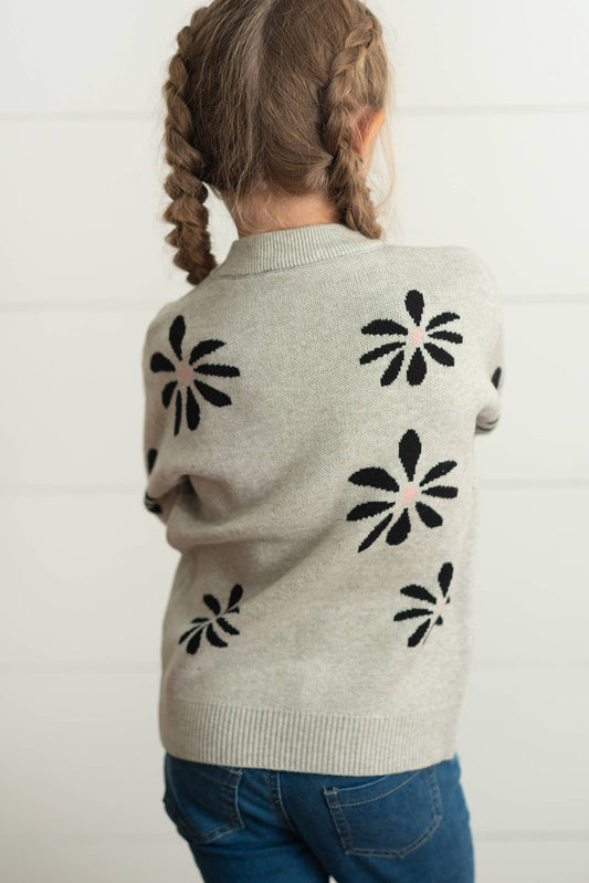 Kids Light Gray Flower Crew Neck Fall Winter Sweater