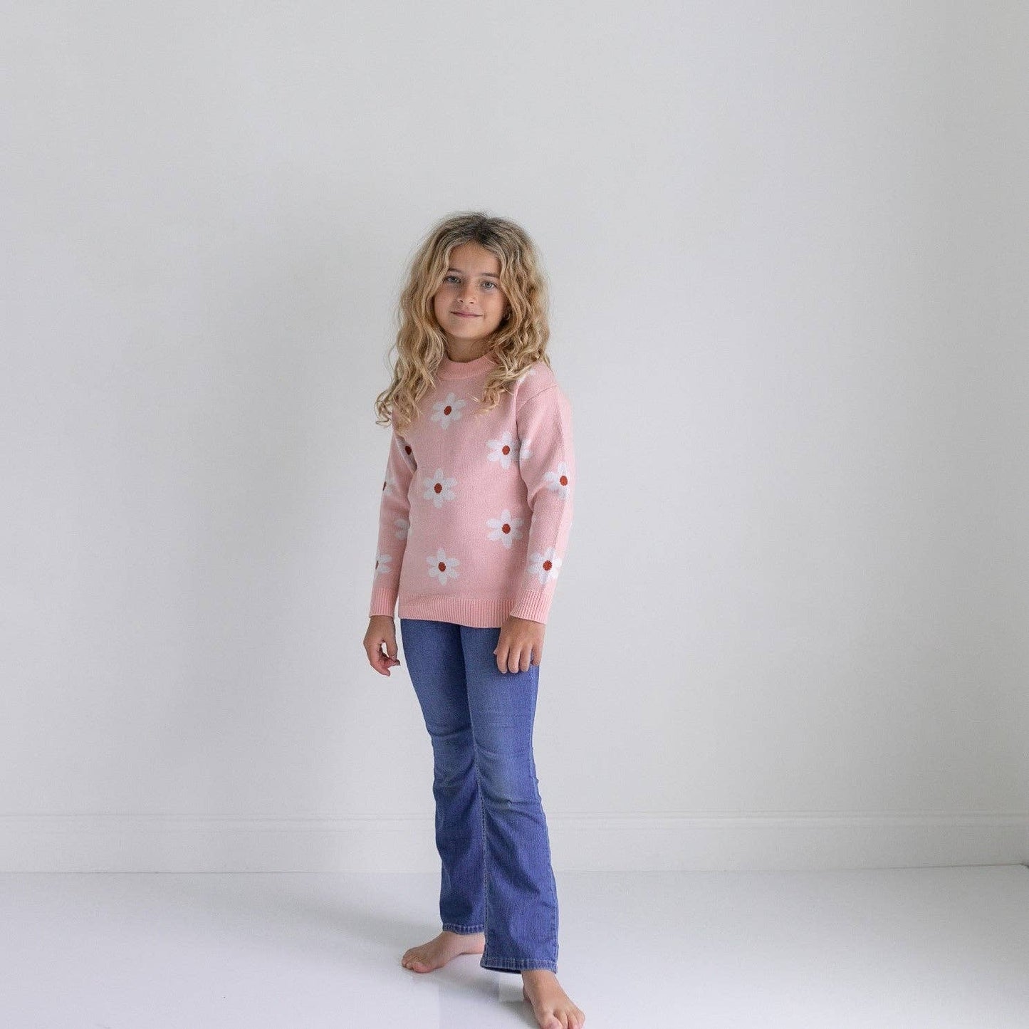Kids Blush Pink Flower Crew Neck Fall Winter Sweater
