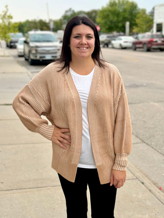 Tan White Ribbed Cardigan