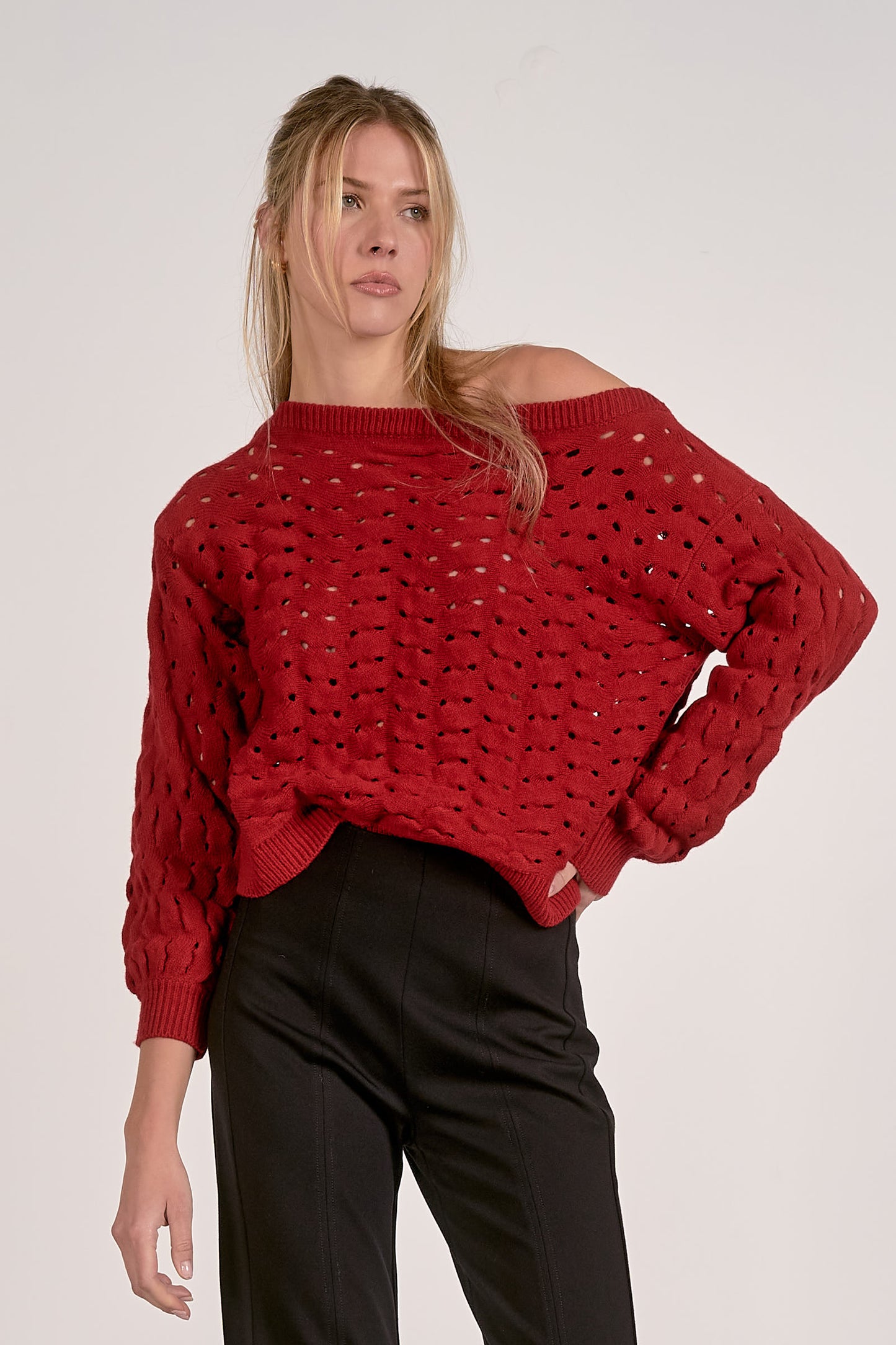 Elan Wide Neck Open Knit Sweater