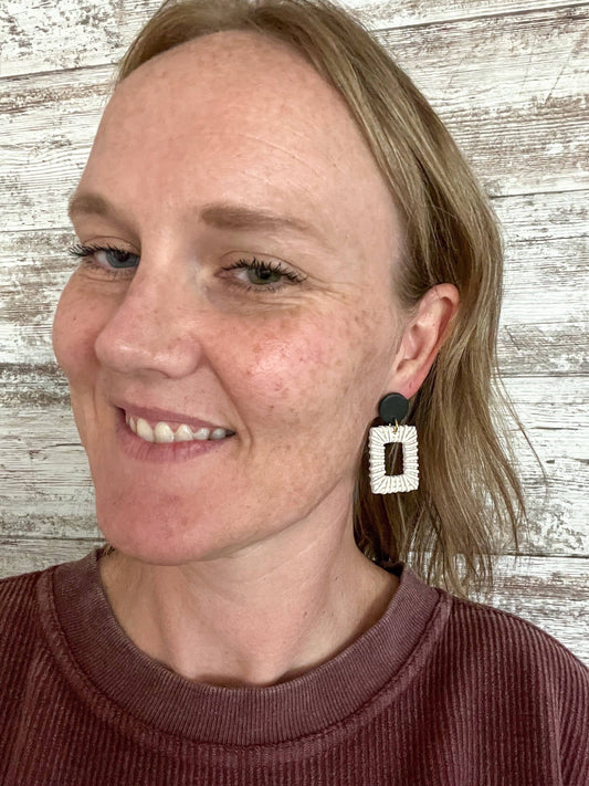Creamy White and Black Rectangle Rattan Dangles