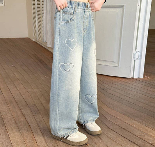 KIDS Girls' Heart Print Wide-Leg Jeans