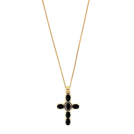 Cara Black Oval Crystal Cross Necklace