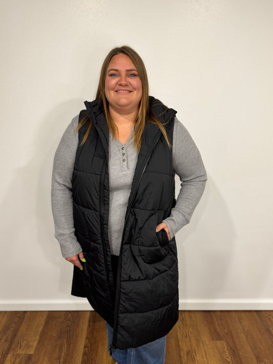 tribal long black puffer vest 