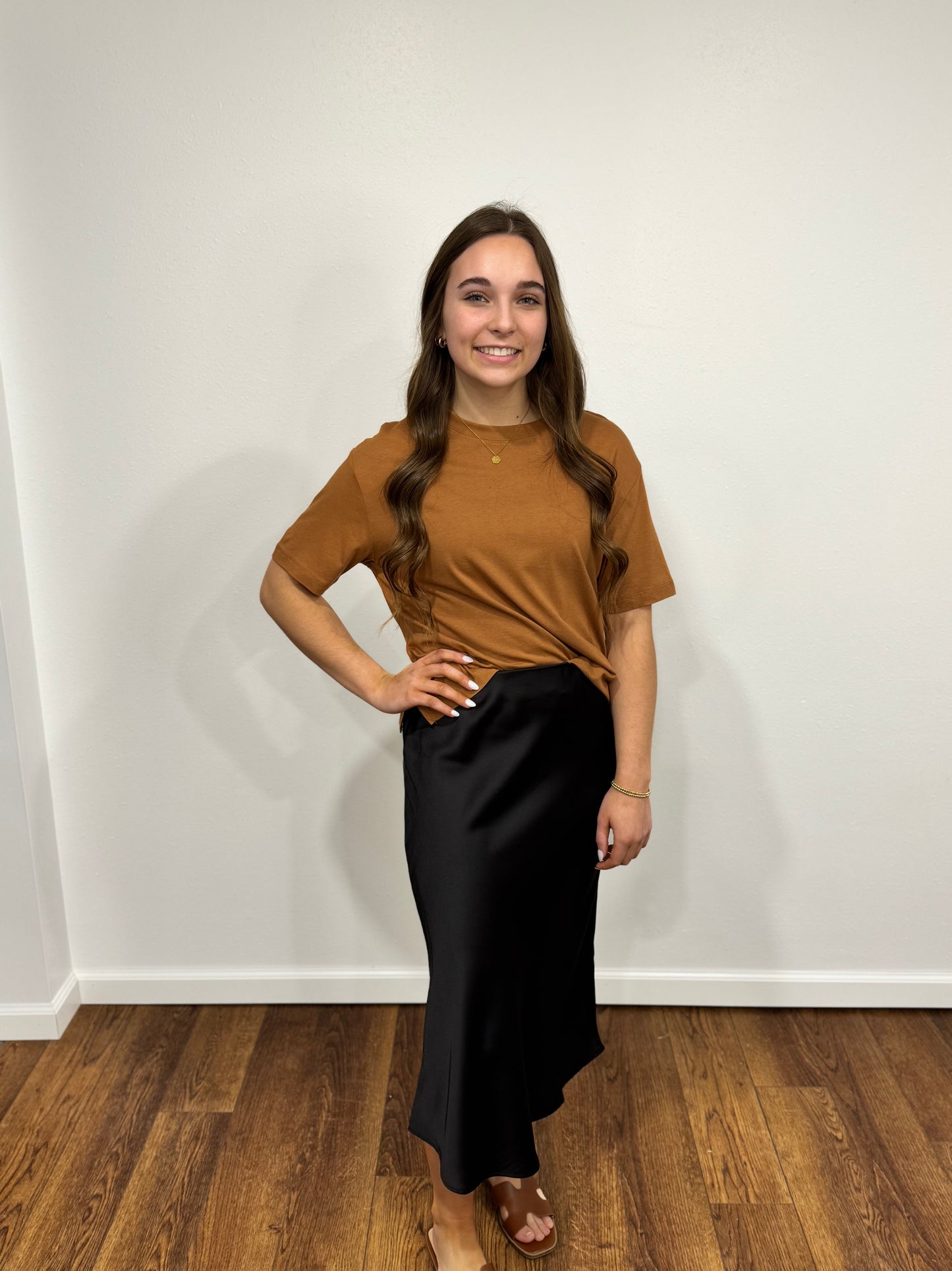 Black Satin Midi Skirt