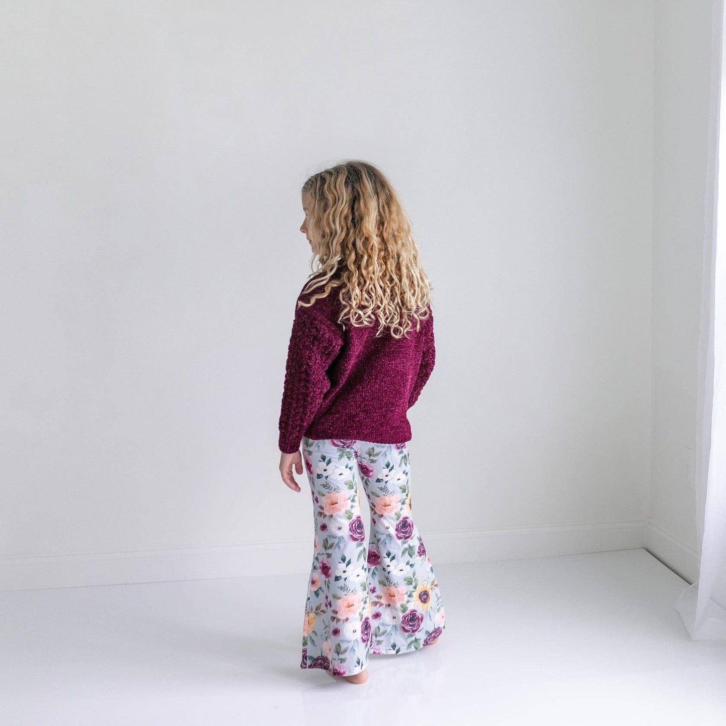 Kids Long Sleeve Plum Sweater & Sage Floral Bell Bottom Set