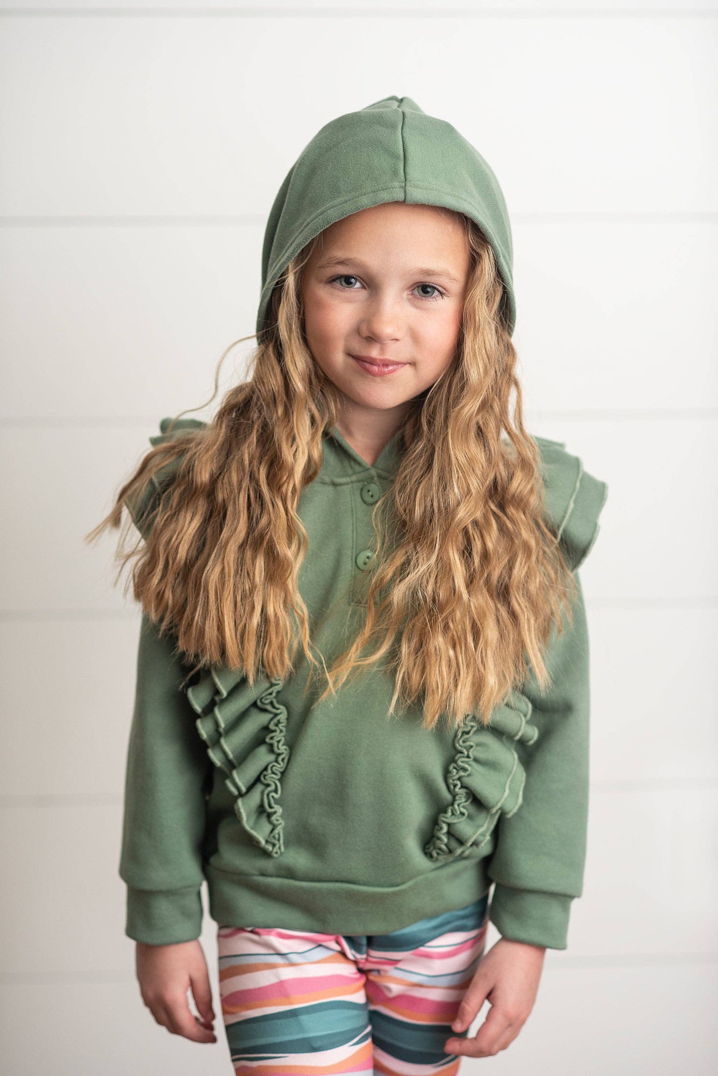 Kids Sage Double Ruffle Button Hoodie & Stripe Leggings Set