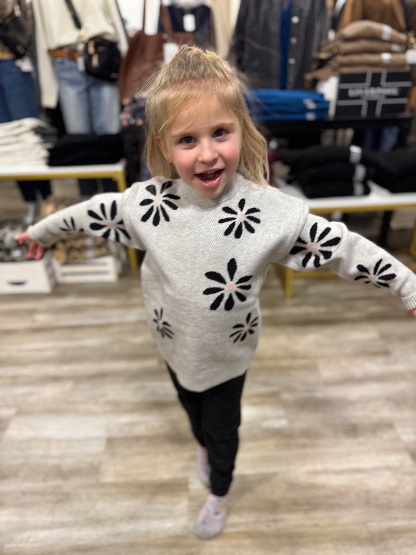 Kids Light Gray Flower Crew Neck Fall Winter Sweater