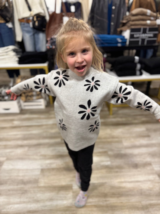 Kids Light Gray Flower Crew Neck Fall Winter Sweater