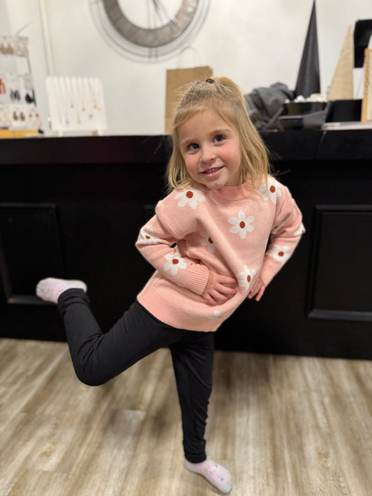 Kids Blush Pink Flower Crew Neck Fall Winter Sweater