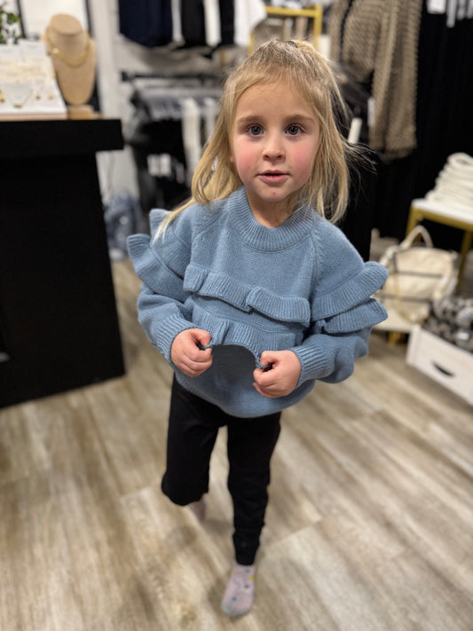 Kids Dusty Blue Double Ruffle Crew Neck Fall Winter Sweater
