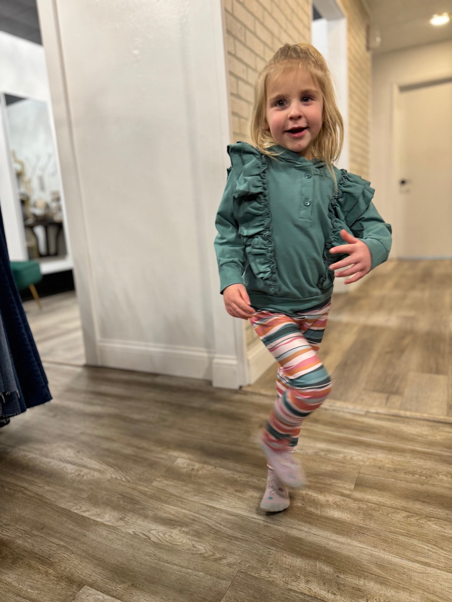 Kids Sage Double Ruffle Button Hoodie & Stripe Leggings Set