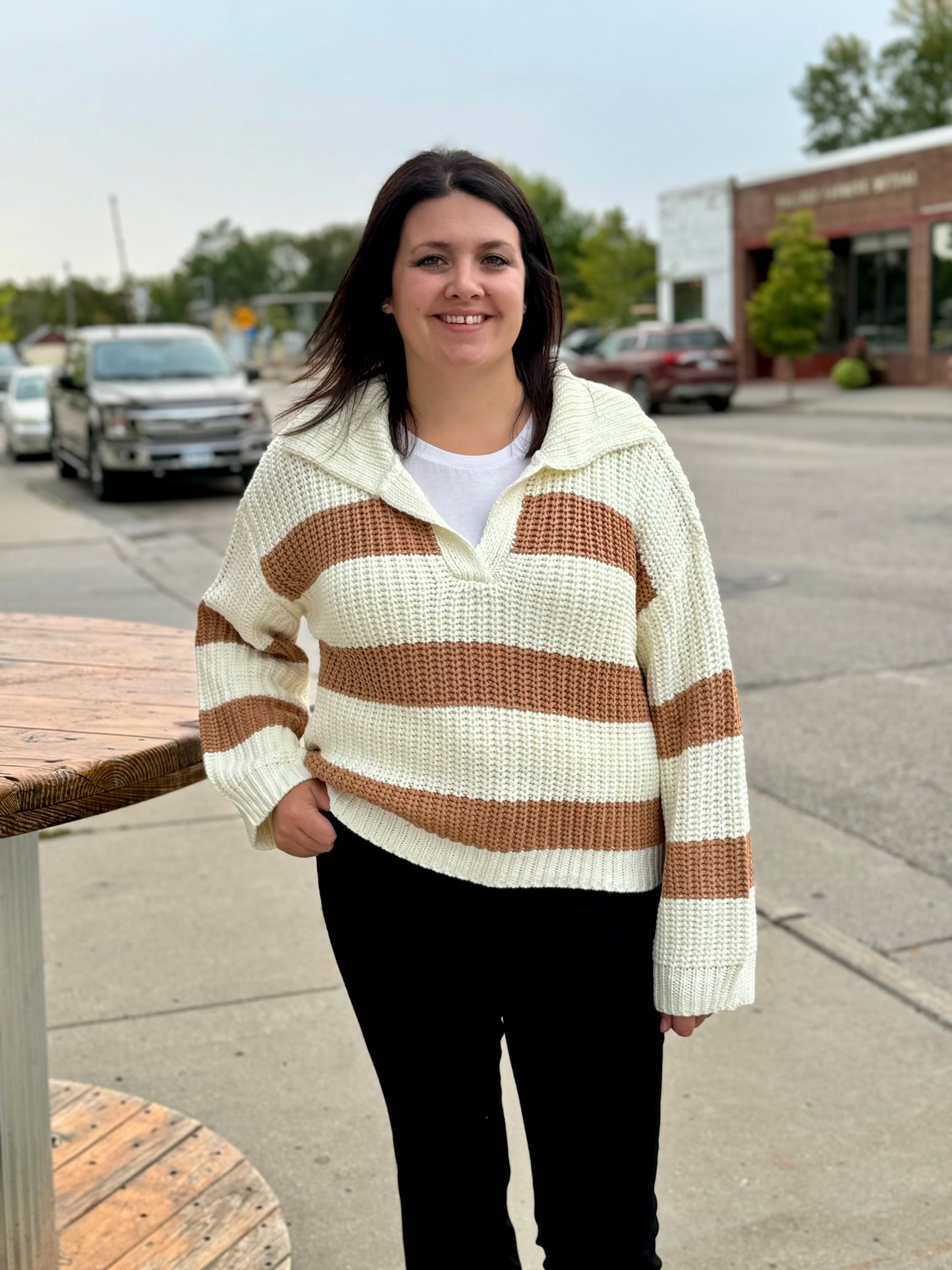 Camel White Stripe Sweater