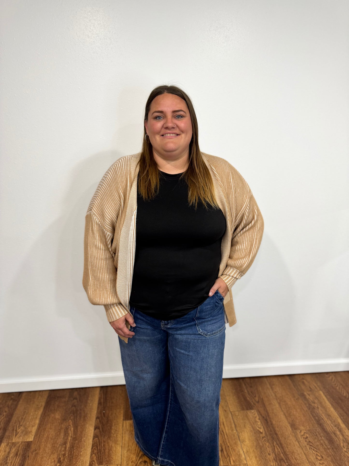 Tan White Ribbed Cardigan