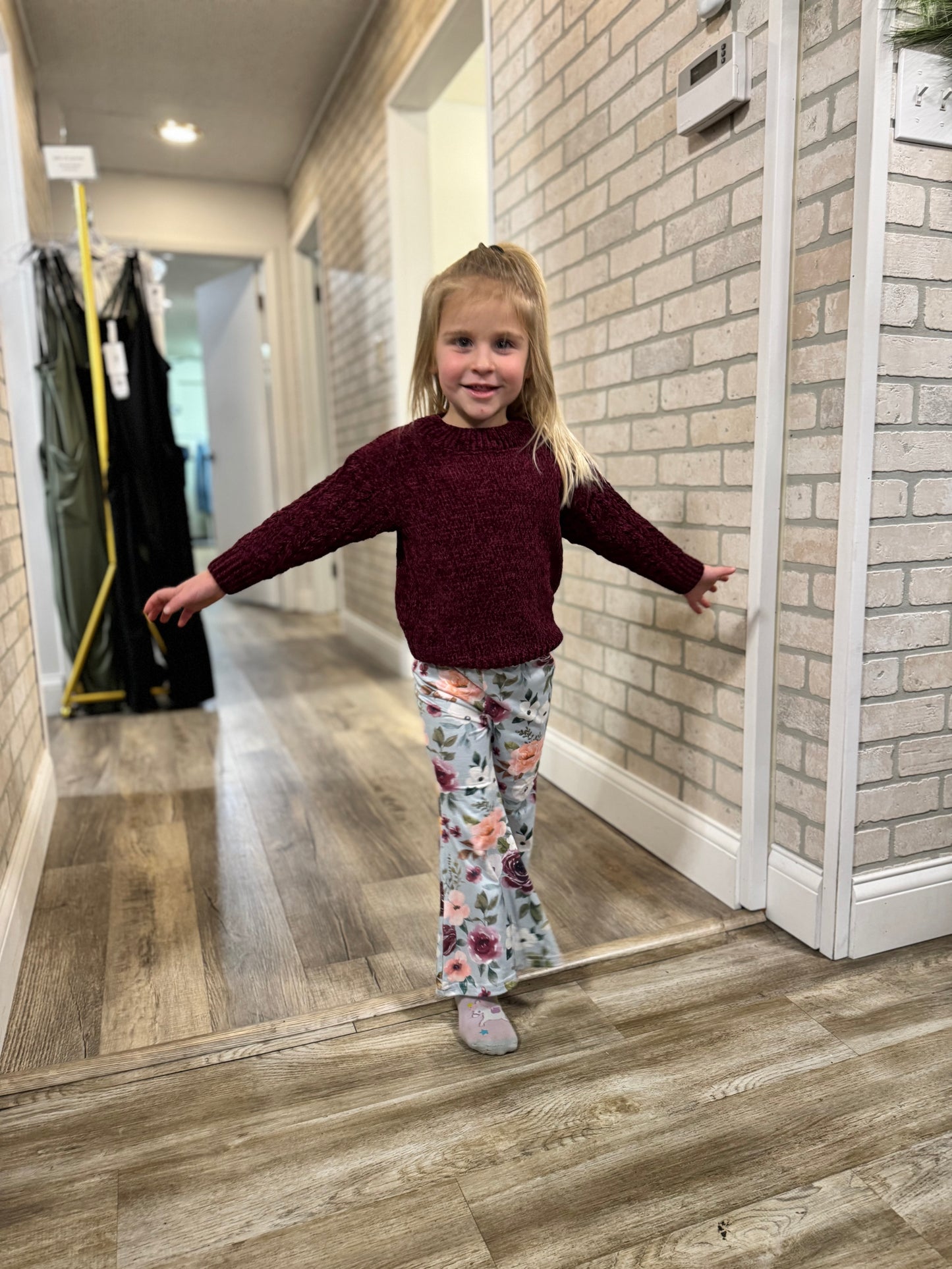 Kids Long Sleeve Plum Sweater & Sage Floral Bell Bottom Set