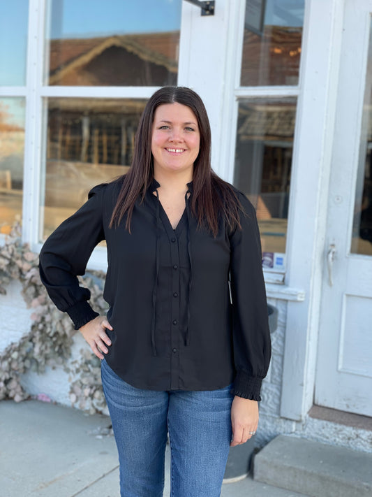 Ruffle Tie Black Blouse