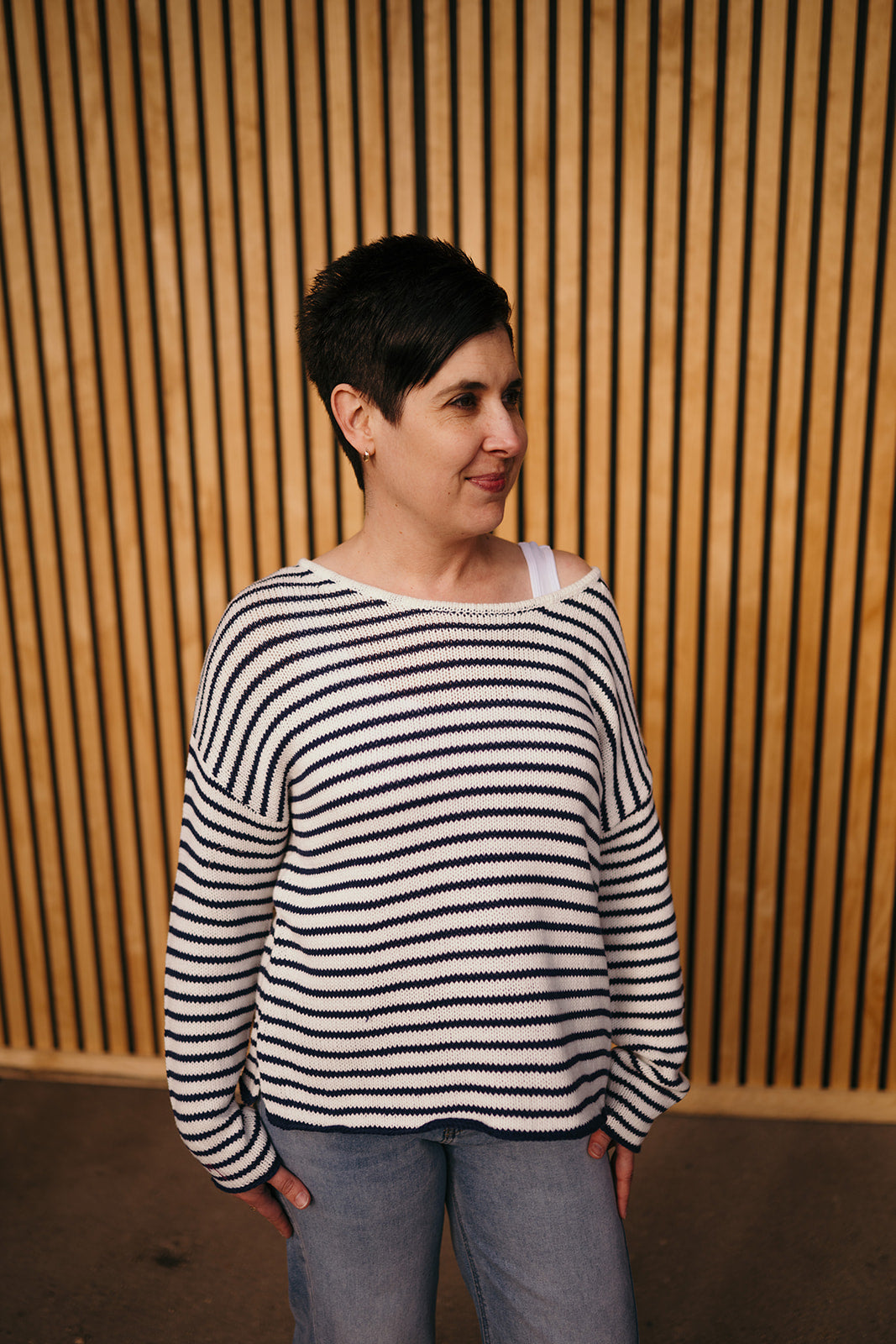 White and Navy Striped Sweater