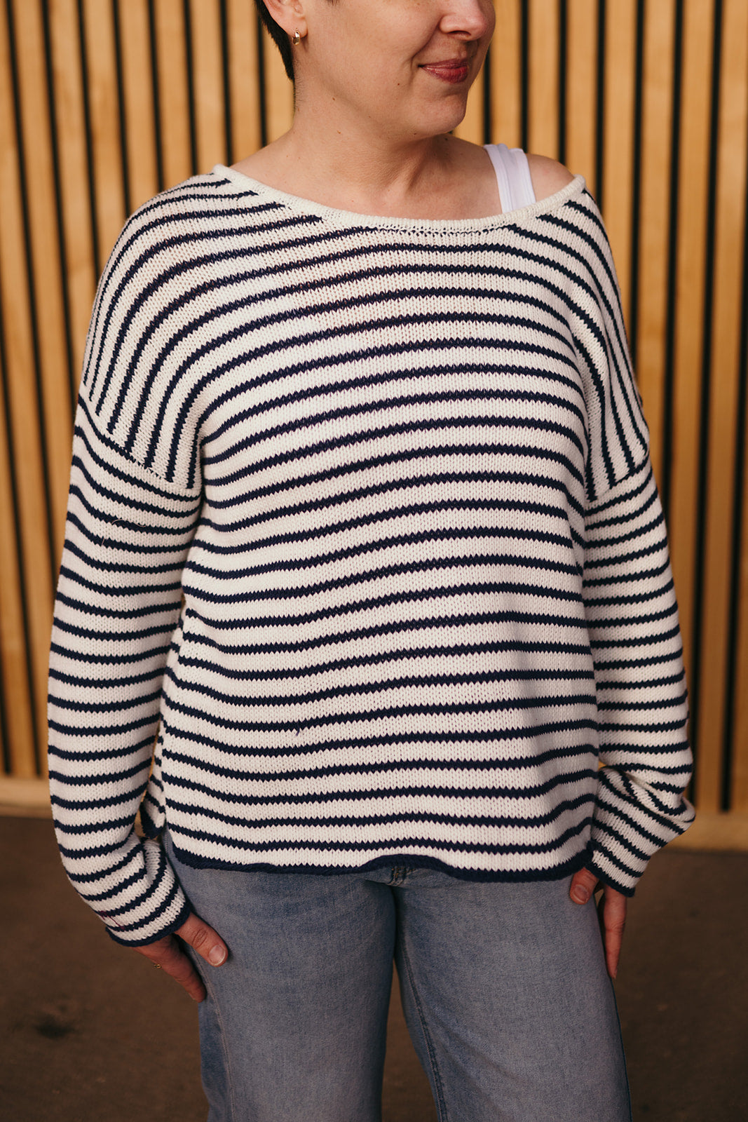 White and Navy Striped Sweater