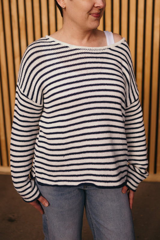White and Navy Striped Sweater
