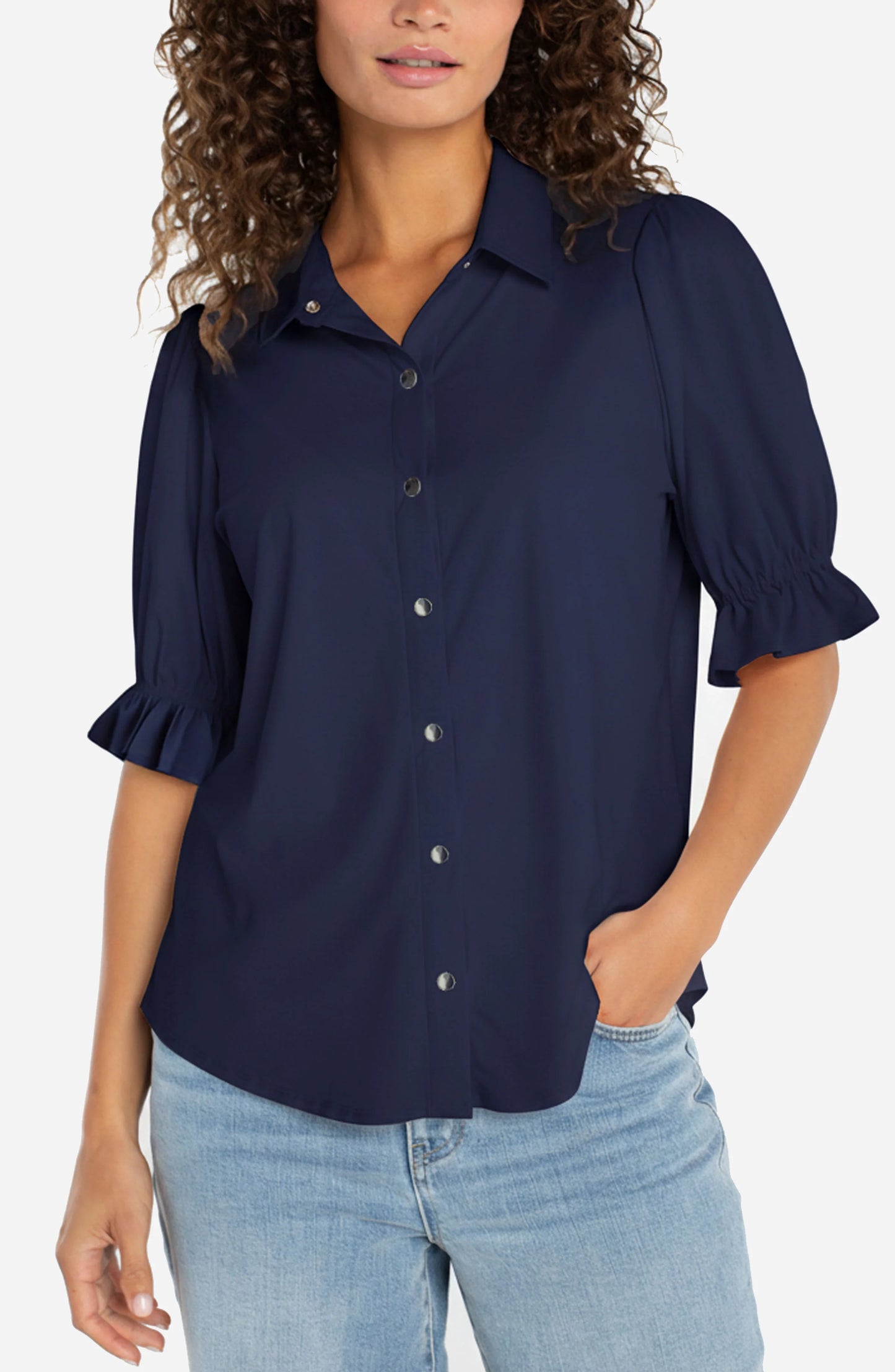 Navy Elbow Puff Sleeve Blouse