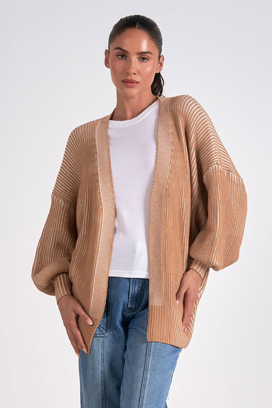 Tan White Ribbed Cardigan