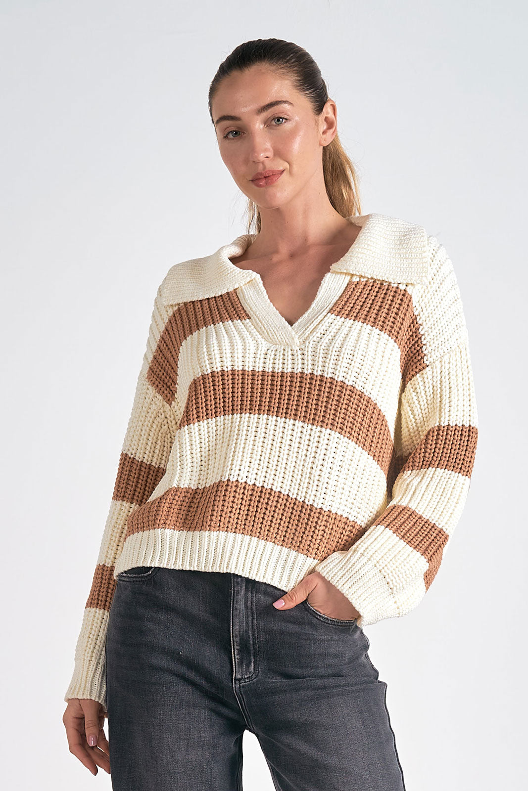 Camel White Stripe Sweater