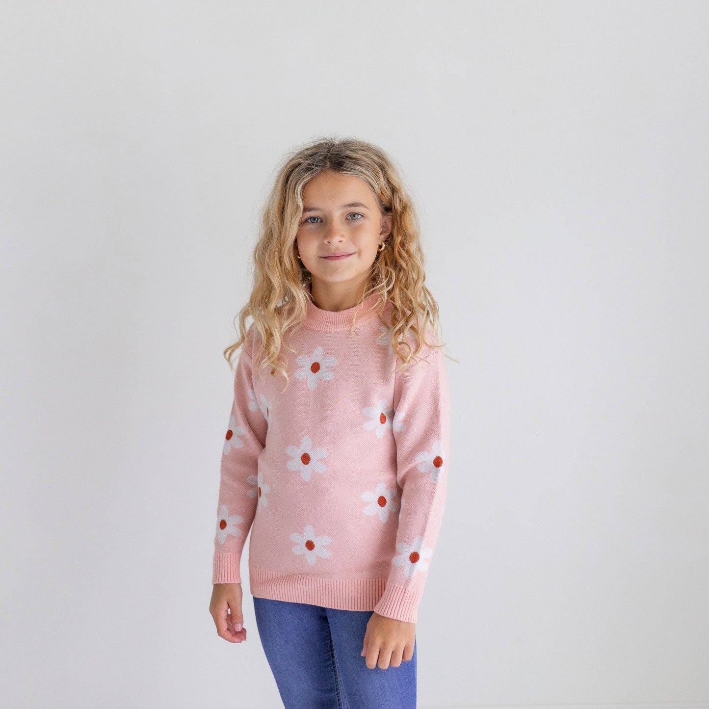 Kids Blush Pink Flower Crew Neck Fall Winter Sweater