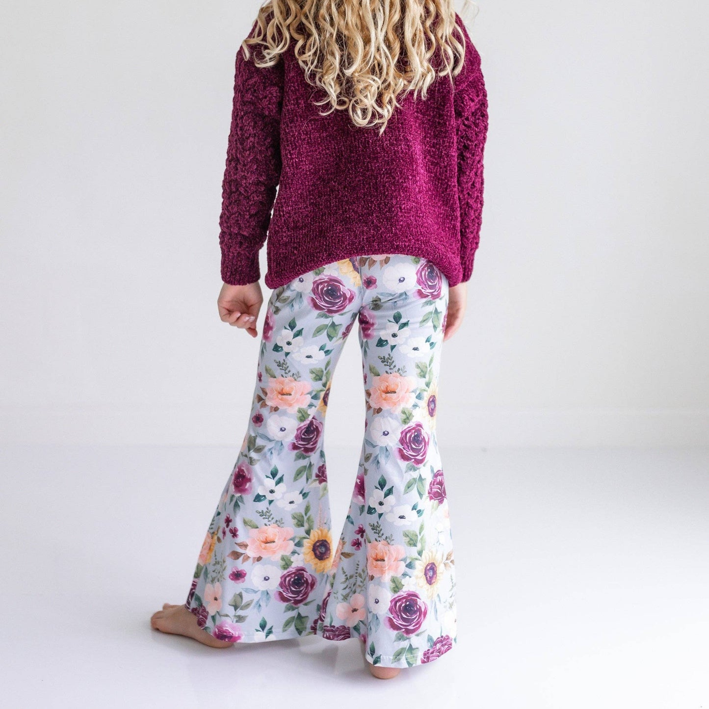 Kids Long Sleeve Plum Sweater & Sage Floral Bell Bottom Set
