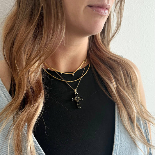 Cara Black Oval Crystal Cross Necklace