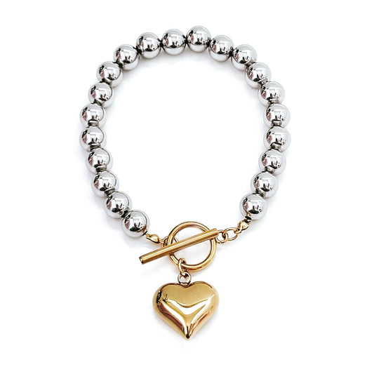 Bobbi Mixed Metal Beaded Heart Charm Bracelet