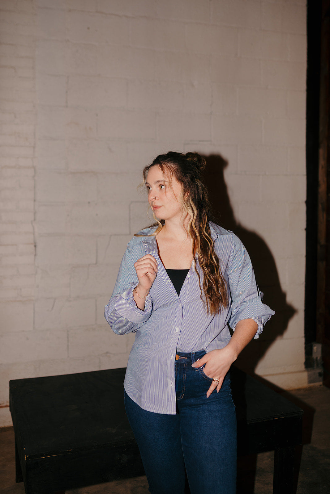 LP Adjustable Sleeve Pin Stripe Blouse