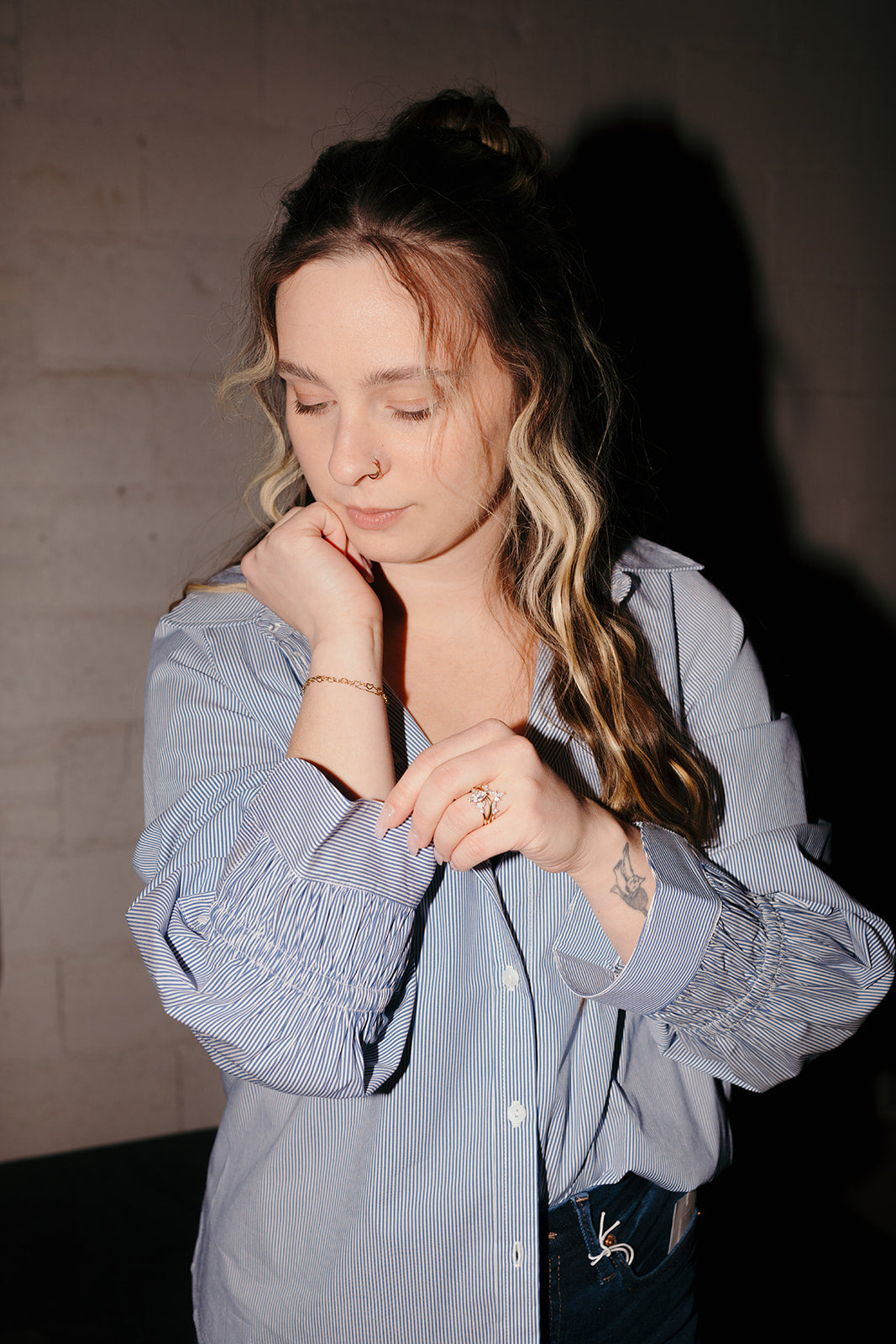 LP Adjustable Sleeve Pin Stripe Blouse