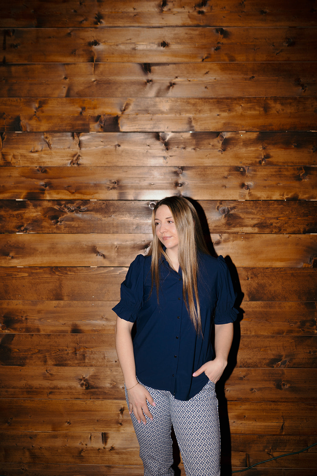 Navy Elbow Puff Sleeve Blouse