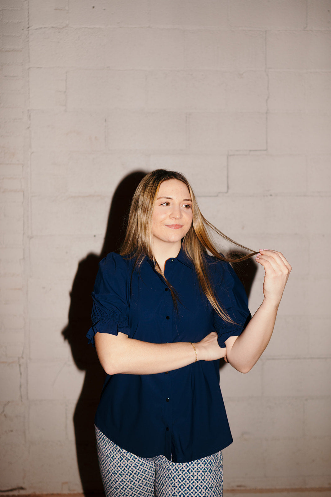 Navy Elbow Puff Sleeve Blouse