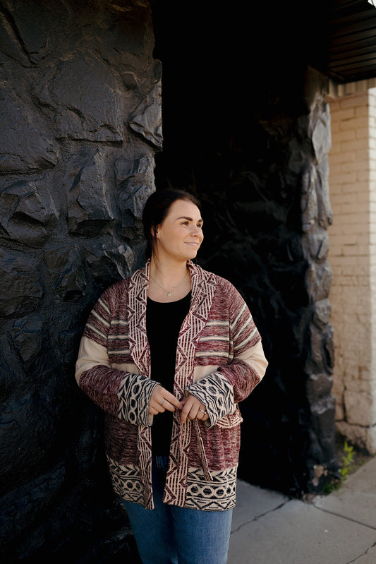 Elan Maroon Print Cardigan