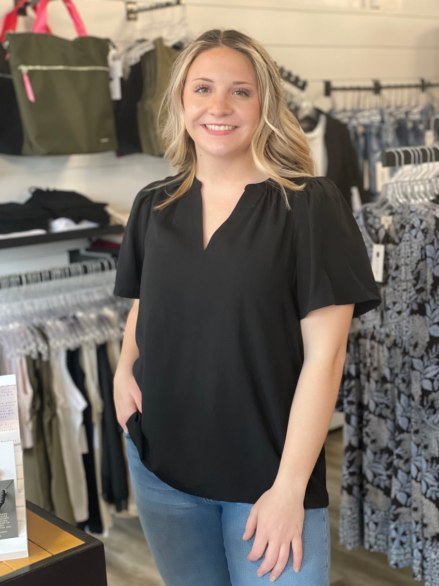 Black Split VNeck Short Sleeve Top